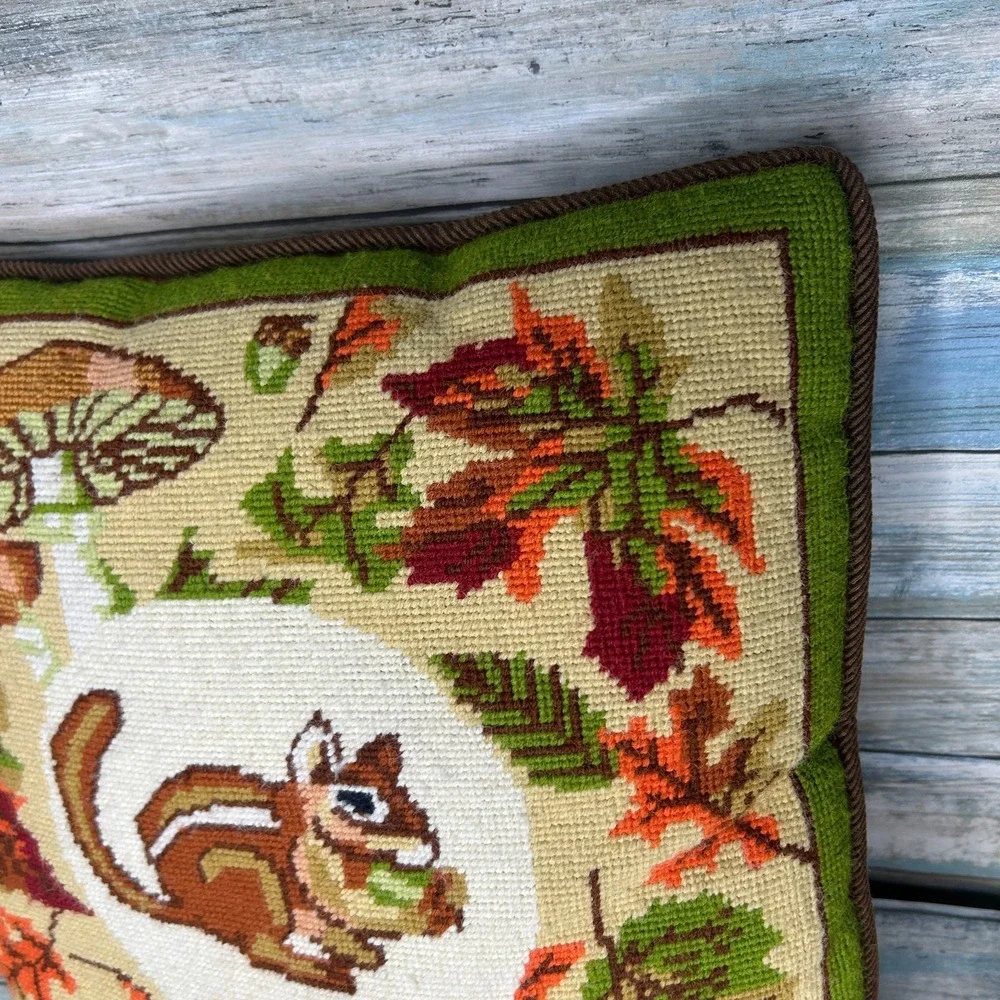 Vintage Needlepoint Pillow Chipmunk‎ Fall Mushroom Leaves Handmade Retro 70s 80s